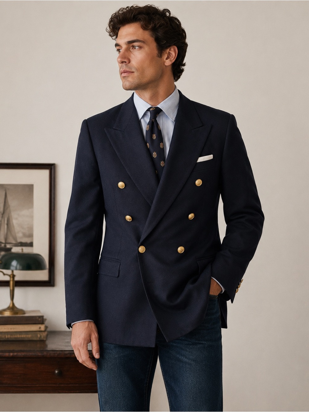 Vintage Cigliano Moda Italia Navy Wool Double Breasted Blazer Gold Buttons
